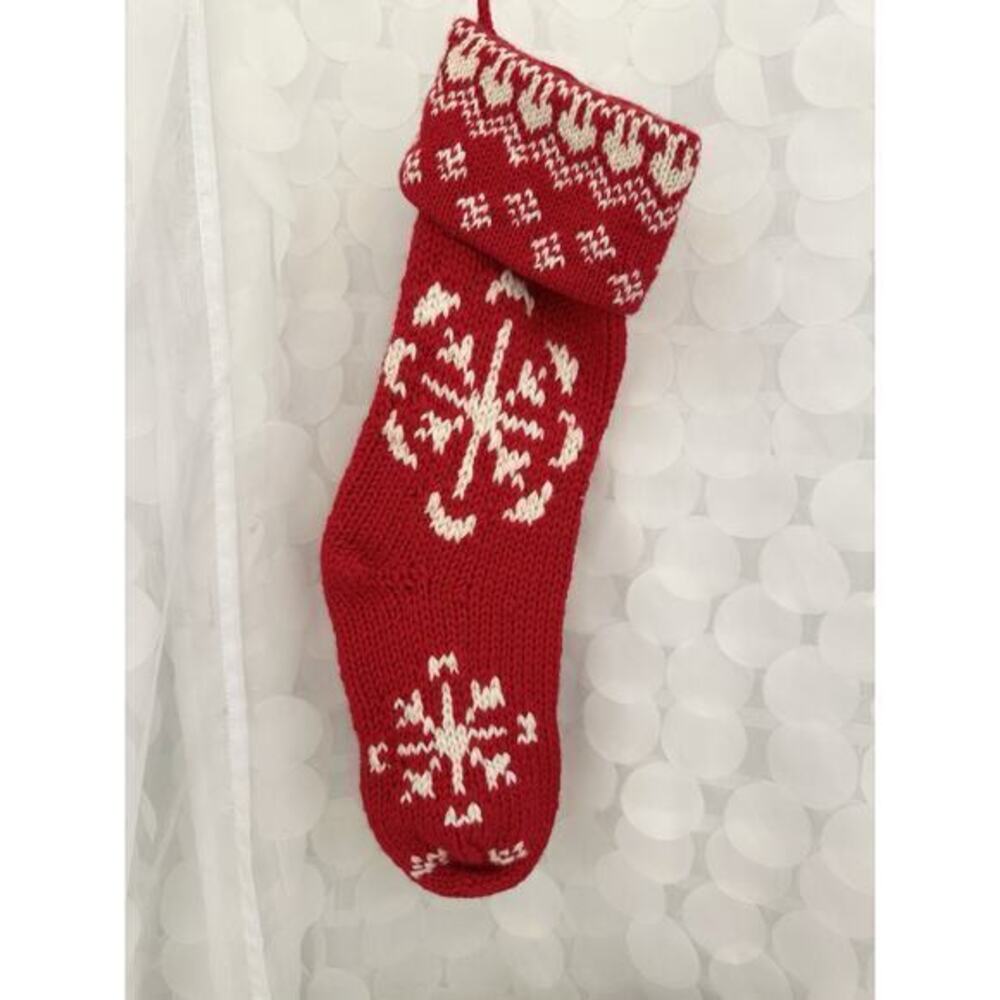 VTG Crate & Barrel 100% Wool Red Christmas Stocking Large Snowflakes Hand Knit